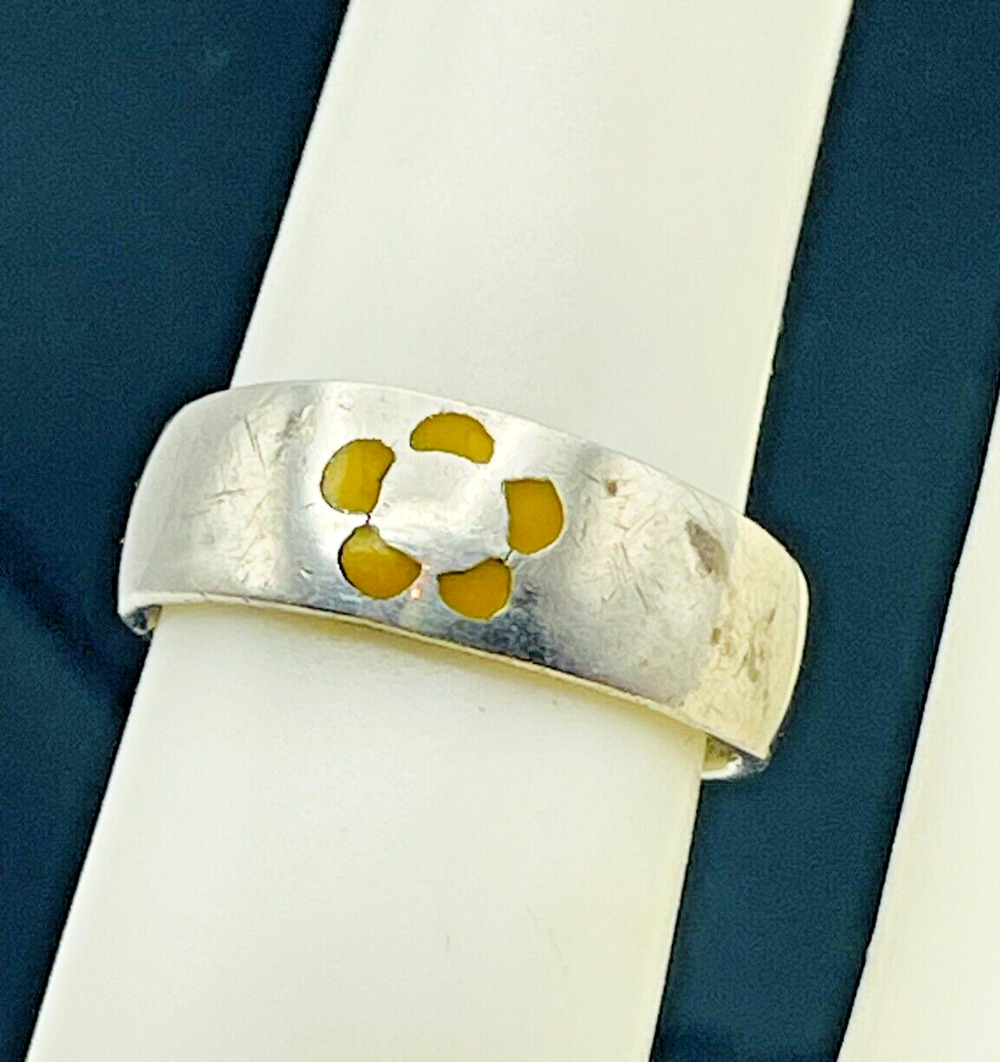 Adjustable 925 Sterling Silver Toe or Pinky Ring Yellow Flower Inlay Size 4 Open
